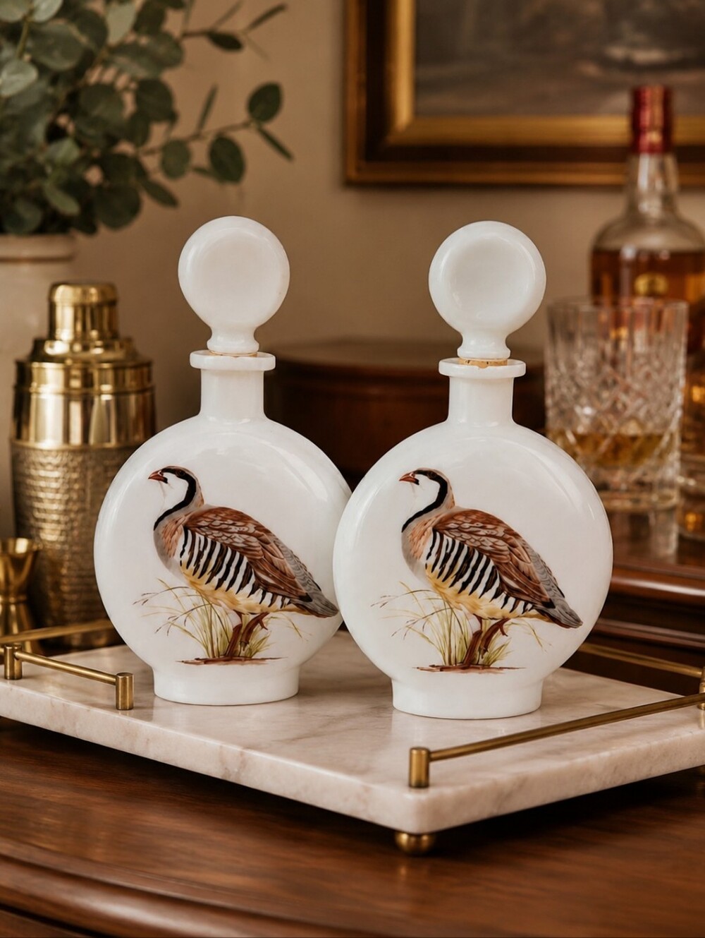 Vintage Arthur Singer Milk Glass Bird‎ Decanters